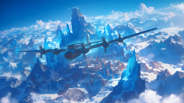 飞机翱翔在雪山之上