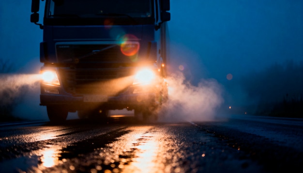 夜幕下快递车疾驰送货